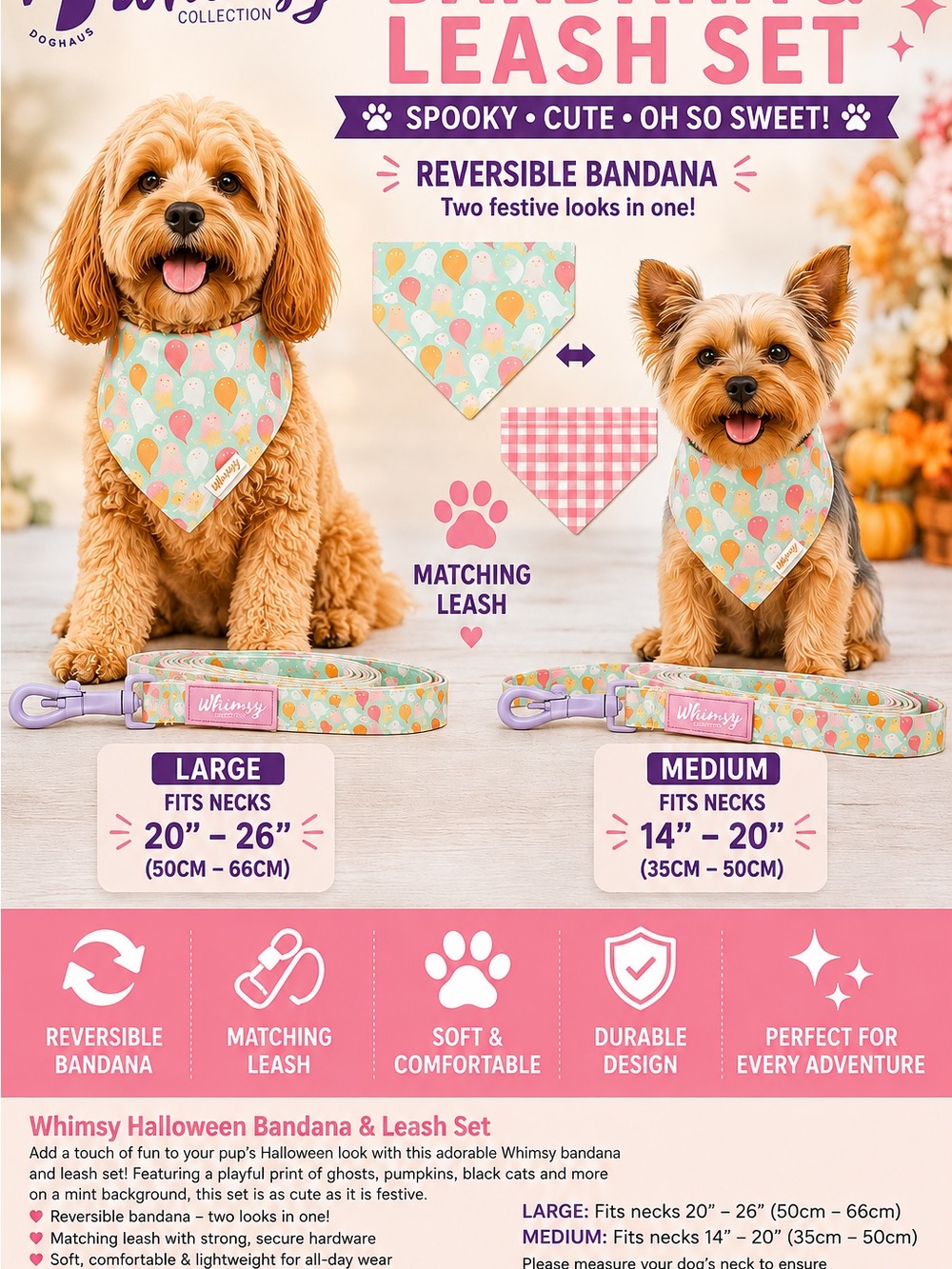 Whimsy Reversible Halloween Dog Bandana & Matching Leash - Pastel Ghost Print